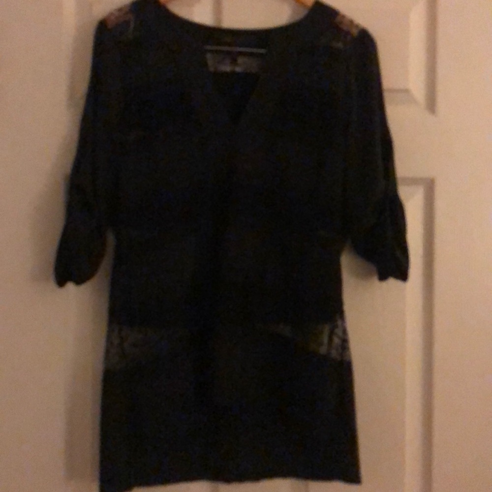 BCBG Black satin and sheer lace striped top